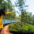 Woman enjoying the train ride through Sri Lanka tea plantations